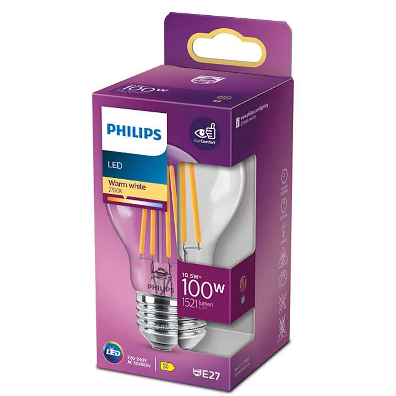 Ampoule DEL équivalente à 100 W - Filament classique Philips 10,5 W | LeonLeds.com