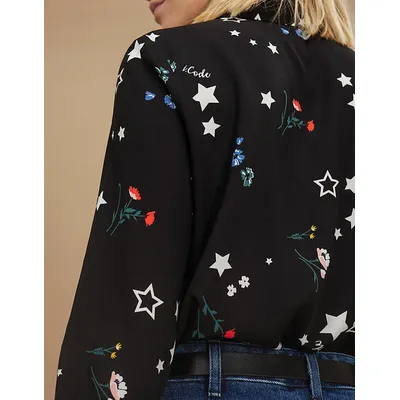 Chemise imprimé fleurs étoilées - noire - I.Code