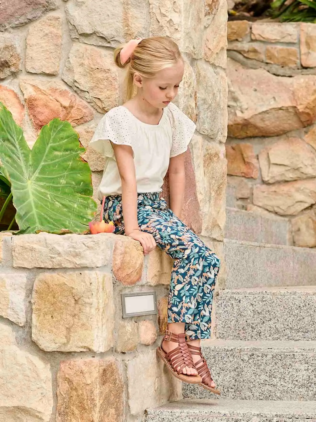 Pantalon fluide imprimé fleurs fille vert - Vertbaudet