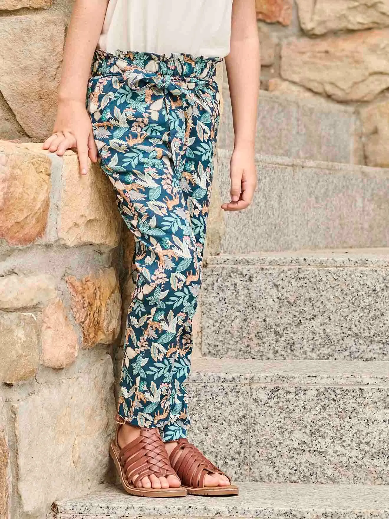 Pantalon fluide imprimé fleurs fille vert - Vertbaudet