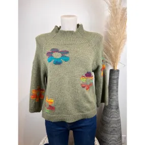 Pull fleurs col montant