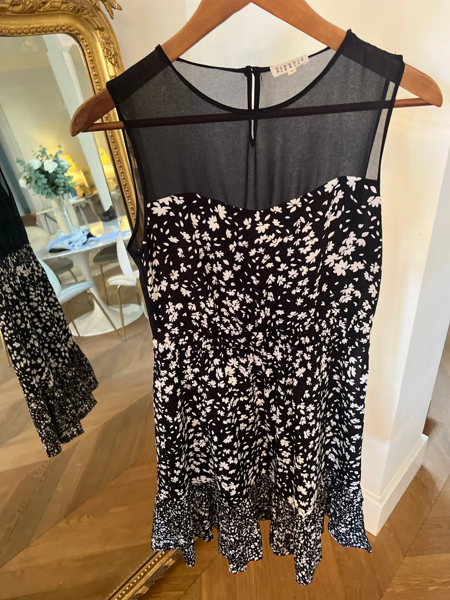 Robe Claudie Pierlot noire à fleurs blanches