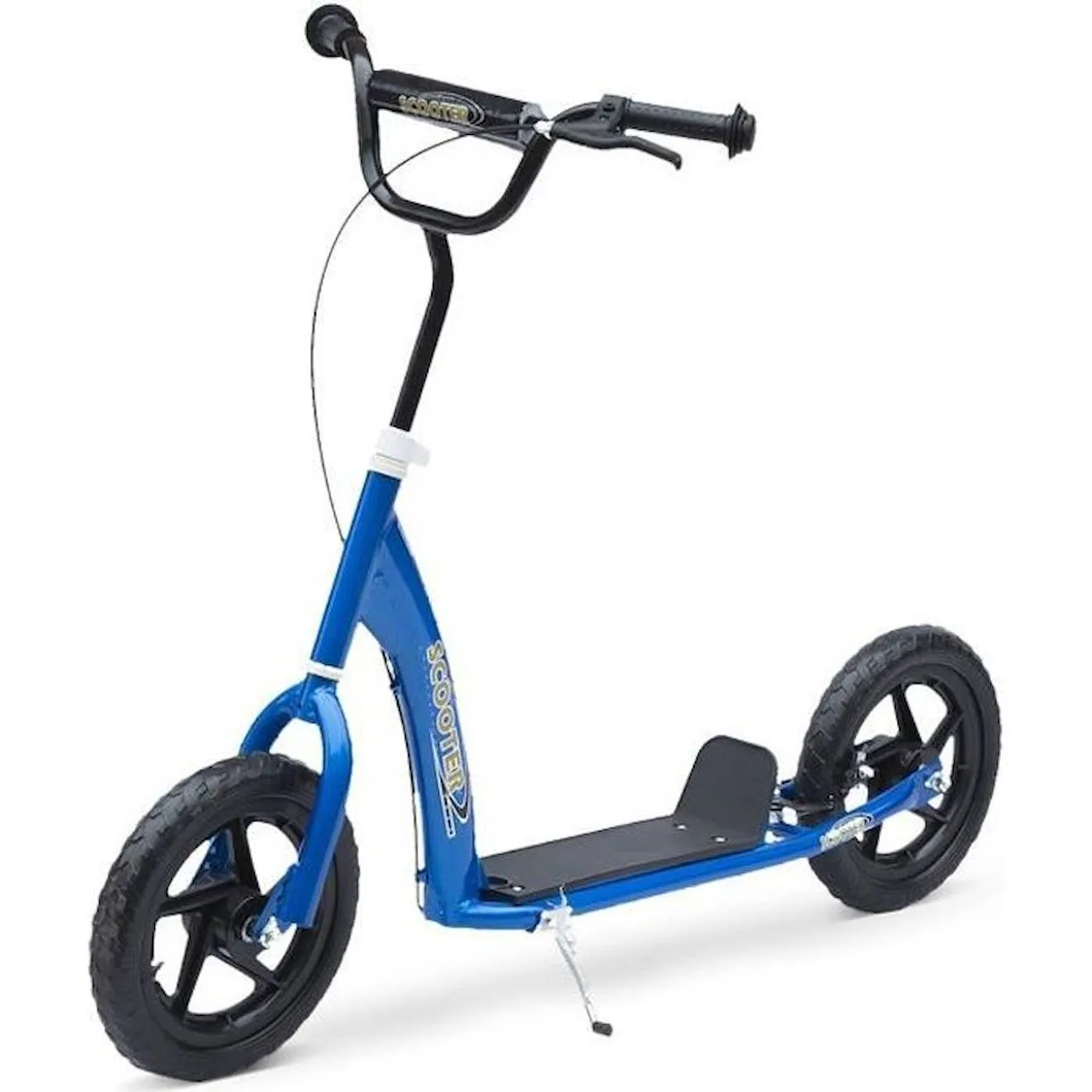 Trottinette patinette pneus 30 cm hauteur guidon réglable poignée frein et béquille acier bleu bleu - Homcom